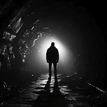 Silhouette of a man at a tunnels entrance with a stark contrast, AI generated