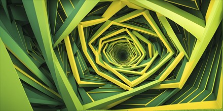 Abstract geometric pattern tunnel structure embodying data streams and communication in green hues,