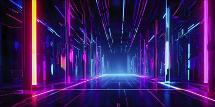 Abstract panoramic neon background with straight vertical glowing lines, AI generated