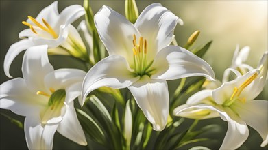 Blooming Easter lilies with soft white petals and a yellow center, bathed in gentle sunlight, AI