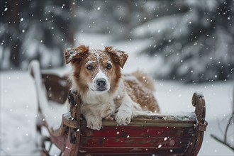 Cute dog in sleigh in snow. Generative Ai, AI generated