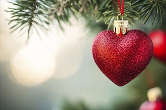 Heart shaped red Christmas bauble ornament on tree with copy space. Generative AI, AI generated