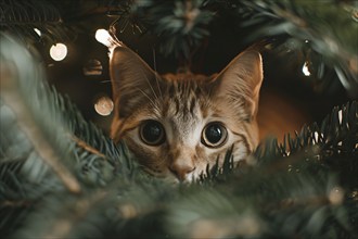 Cat between branches of traditional Christmas tree with electric light chain. Generative Ai, AI