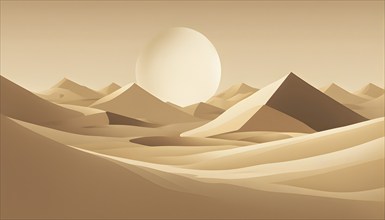 Abstract desert scene with triangular sand dunes and a single circular sun, using sharp lines and