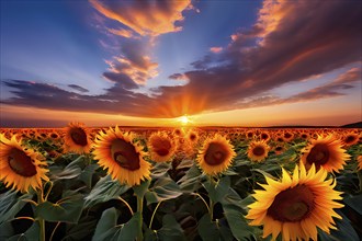 Abstract illustration of a field of sunflowers backlight with beautiful sunrise, AI generated