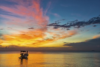 Longtail boat in sunset, sunset, horizon, evening light, boat, sun, evening mood, cloudy sky,