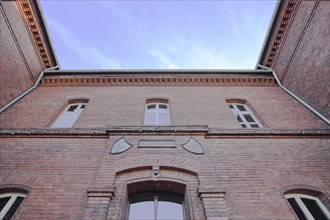 Town hall, brick building, view upwards, Runkel, Westerwald, Taunus, Hesse, Germany, Europe