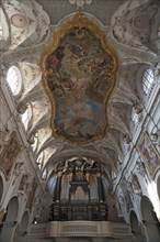 Rockoko interior with organ loft and ceiling vault of the Basilica of St Emmeran, Regensburg, Upper