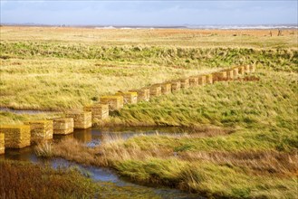 Concrete blocks set as tank traps in the 1940s during the second world war on the coast at Shingle