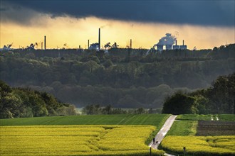 View over Mülheim an der Ruhr, Ickten, rape fields, over the Ruhr heights, to Duisburg-Hüttenheim,