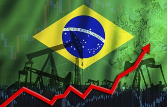 Oil production with Brazil flag, petrol industry. Oil pumps with Brazil flag