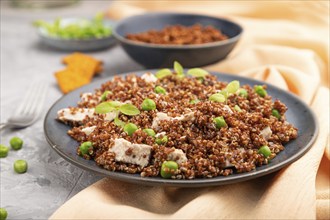 Quinoa porridge with green pea and chicken on ceramic plate on a gray concrete background and