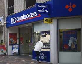 Pawnbrokers shop in central business district of Swindon, England, United Kingdom, Europe