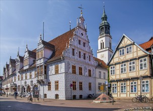 Weser Renaissance town hall in the old town centre on the market square and the tower of the town