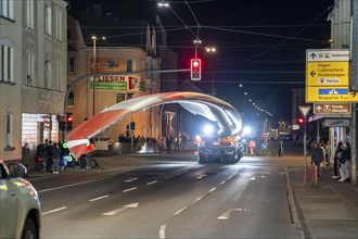 Transport of a 68 metre long, 22 tonne blade of a wind turbine, here in Schwelm, with a