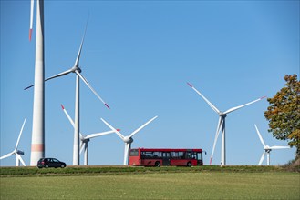 Wind farm near Lichtenau, wind turbines, country road, Driburger Straße, local bus, public