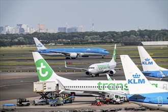 Amsterdam Schiphol Airport, aeroplanes on the taxiway, at the terminal, Gate D, check-in, apron,