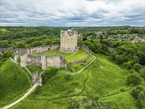 Conisbrough Castle from a drone, Conisbrough, South Yorkshire, England, United Kingdom, Europe