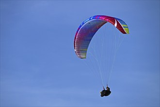 Paraglider with colourful paraglider flies in front of a blue sky