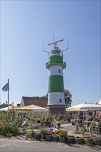 Lighthouse, flag, sunshades, restaurant, Bülk, Strande, Schleswig-Holstein, Germany, Europe