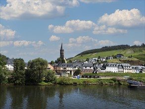 Boat landing stage in the wine village of Lieser, Moselle, Rhineland-Palatinate, Germany, Europe