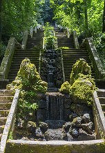 Mehrstufiger Wasserfall, der entlang einer Treppe mit moosbedeckten Steingeländern im grünen Wald