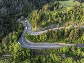 Aerial view of the federal road B31, Kreuzfelsenkurve in the southern Black Forest,