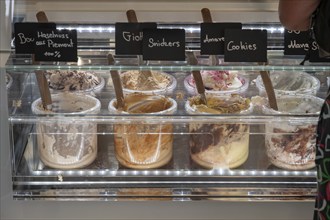 Ice cream flavours in an ice cream parlour, Bavaria, Germany, Europe