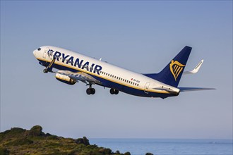 A Ryanair Boeing 737-800 aircraft with registration 9H-QAQ at Skiathos Airport, Greece, Europe