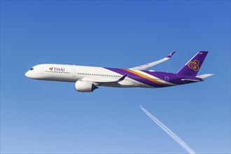 A Thai Airways Airbus A350-900 aircraft with the registration HS-THP at the airport in Munich,