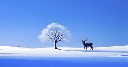 Abstract minimalist winter scene with a single, sharp silhouette of a deer and of a snow-covered