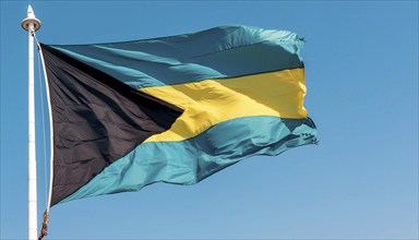 The flag of the Bahamas flutters in the wind, isolated against a blue sky