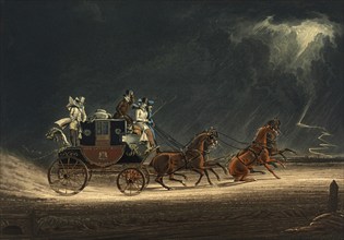 The stagecoach in a thunderstorm on Newmarket Heath, 1850, England, Historical, digitally restored