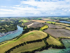 Salcombe and Mill Bay over Kingsbridge Estuary from a drone, Batson Creek, Southpool Creek, Devon,