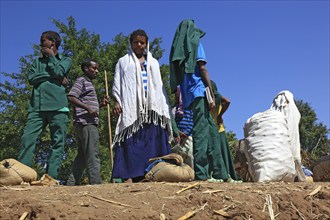 Ahamra region, locals waiting at the boat landing stage, Ethiopia, Africa