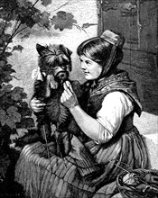 Girl with knitting, playing with her little dog, Illustration from 1870, Historical, digital