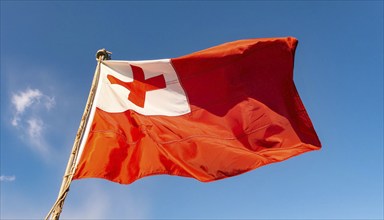 The flag of Tonga, Pacific island state, flutters in the wind, isolated against a blue sky