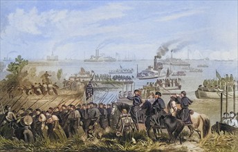 Landing of the troops on Roanoke Island in North Carolina 1862, USA, Historical, digitally restored