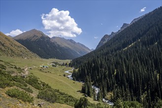 Green mountain valley with the village of Altyn Arashan, Tien Shan Mountains, Kyrgyzstan, Asia