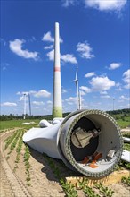 Repowering of a wind farm, near Brilon-Radlinghausen, 2 old turbines are demolished, rotors and