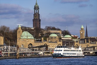 Landungsbrücken, Michel church tower, excursion boat on the Elbe, Hamburg, Germany, Europe