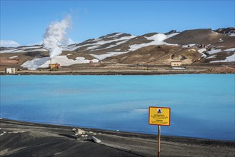 Bjarnarflag geothermal power plant, near Lake Myvatn, hot steam, snow, winter, Iceland, Europe