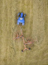 Aerial view of a blue tractor with hay machine in a field, surrounded by cut grass, Dachtel. Black