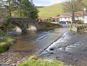 Bridge over Badgworthy Water river, Lorna Doone Farm, Malmsmead, Exmoor national park, Devon,