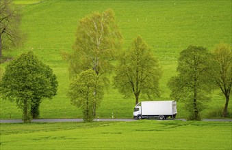 Lorry on a country road, green fields, meadows, trees line the 2-lane road, spring, near Schwelm,