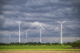 Wind farm east of Geilenkirchen, dark storm clouds, strong wind, North Rhine-Westphalia, Germany,