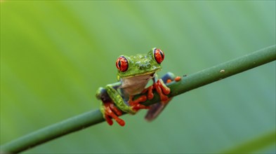 Red-eyed tree frog (Agalychnis callidryas), sitting on a stem, Heredia province, Costa Rica,