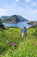 Hiker on the shore above Bottle Cove, Bottle Cove Provincial Park, Bay of Islands, Newfoundland,