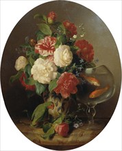 Bouquet of flowers with goldfish bowl, painting by Josef Lauer (1818, 1881), Austrian still life