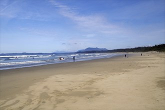 Endless empty sandy beach with swell and mountains in the background, Long Beach, Pacific Rim